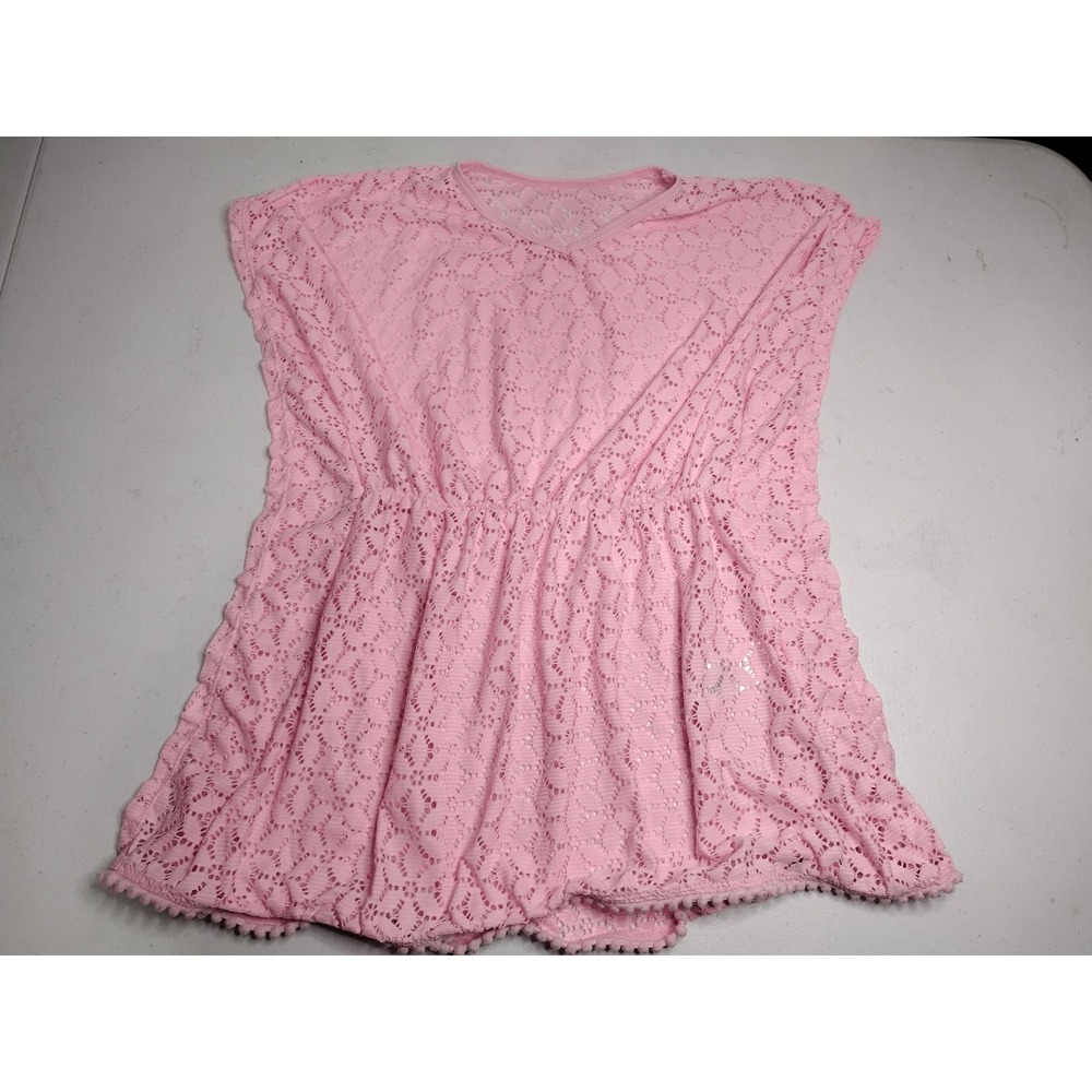 Wonder‎ Nation Girls Pink Eyelet Lace Swim Cover Up Pom Pom Trim L 10-12 Plus